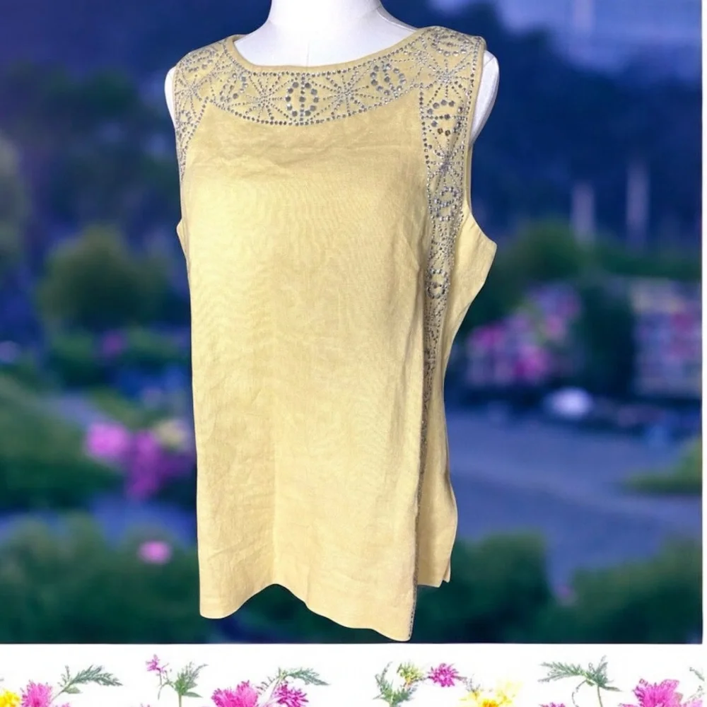 Tory Burch Rhinestone Embellished 100% Linen Sleeveless Tunic Top Size 12